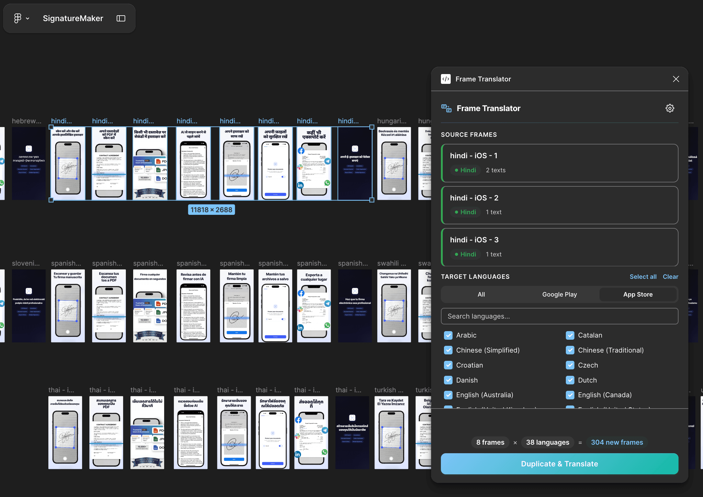 Frame Translator plugin in action in Figma