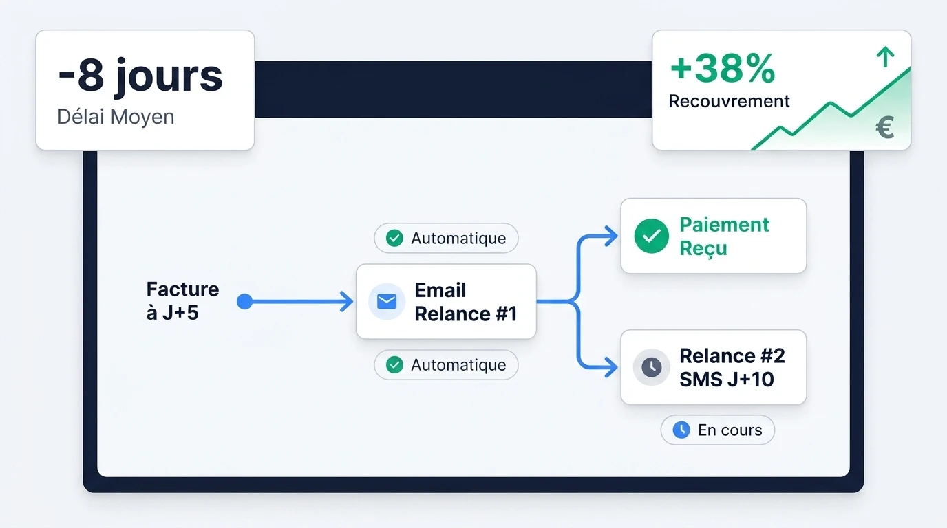 Schéma d'un workflow automatisé de relance client connecté à un CRM