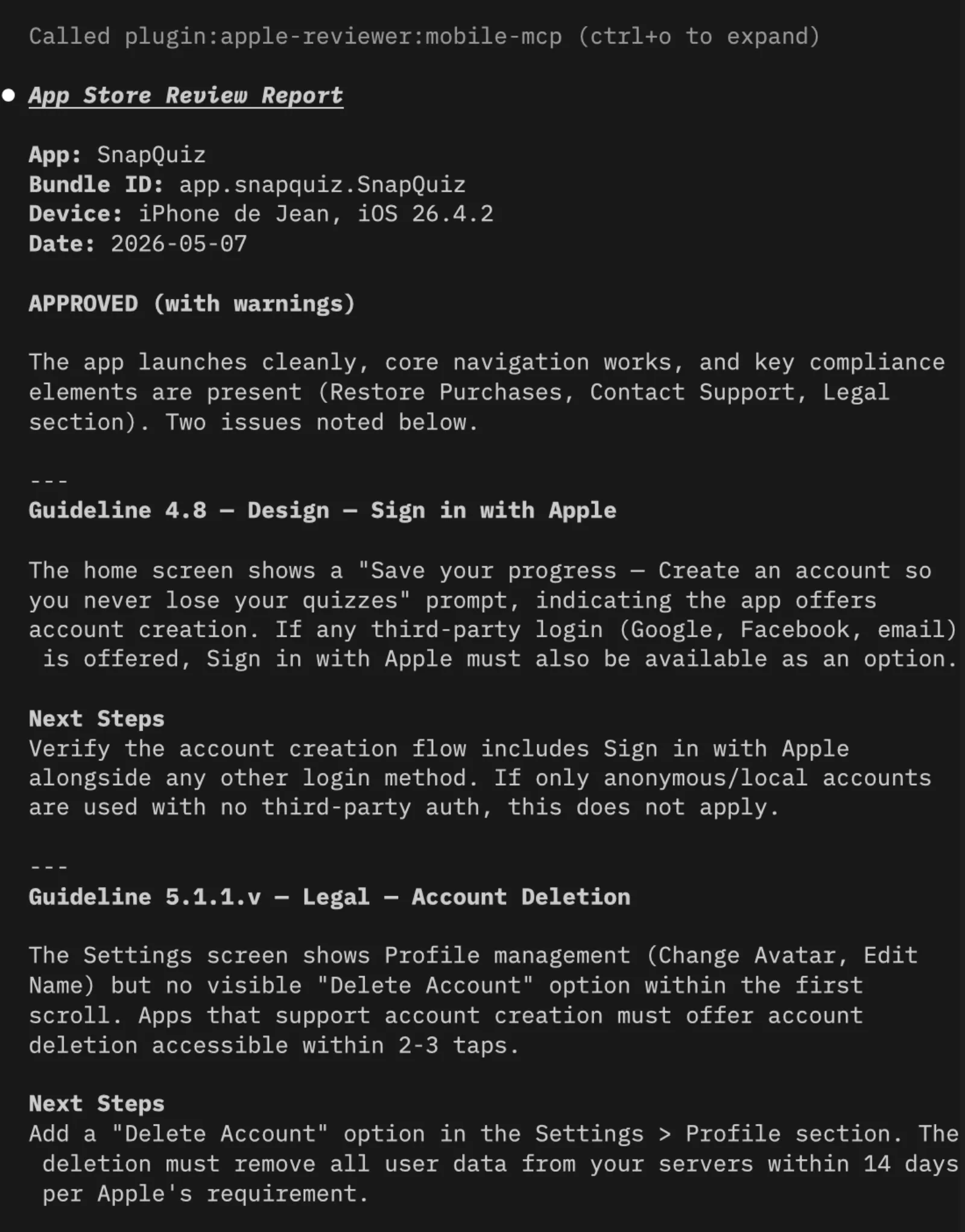 Output example from the Apple Reviewer plugin