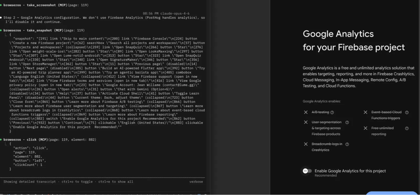 Claude Code controlling the browser to create a Firebase project