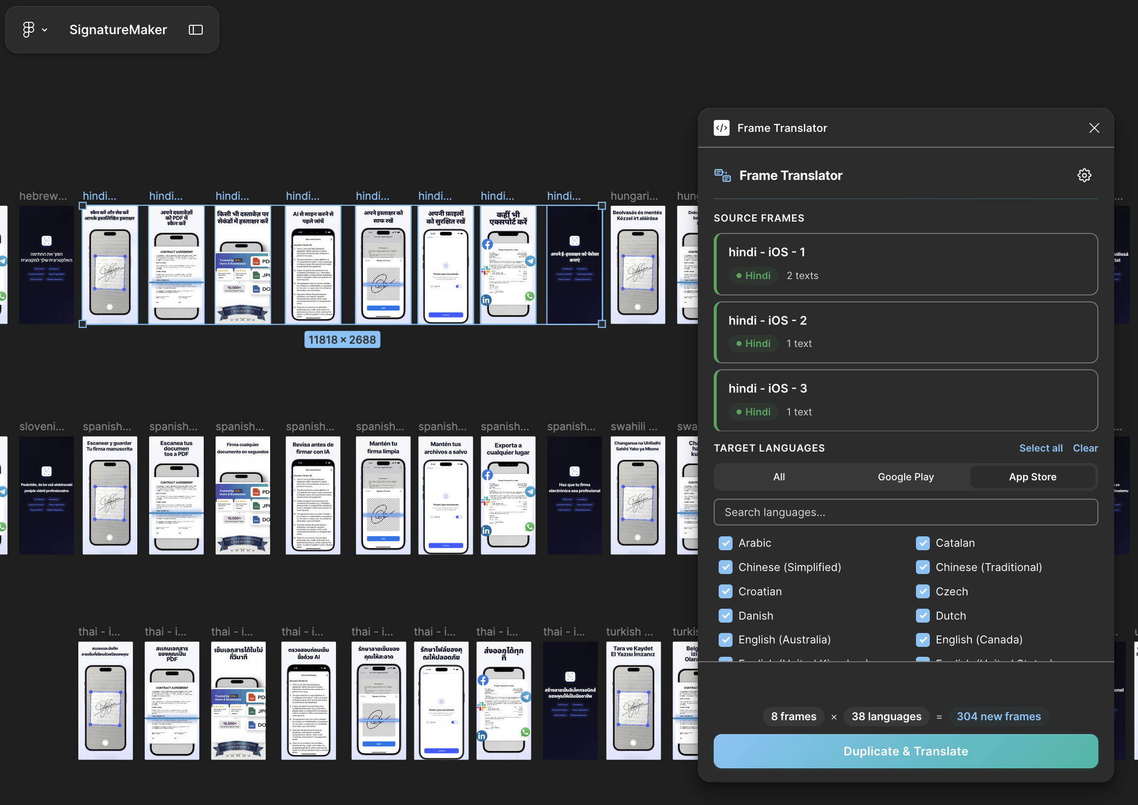 Frame Translator plugin in action in Figma