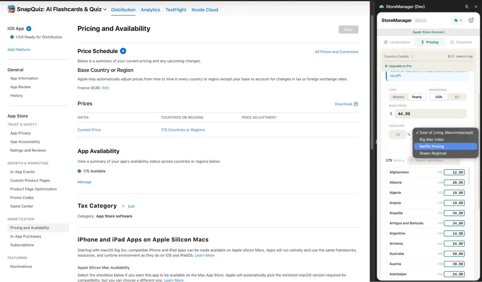 StoreManager Chrome extension in action on App Store Connect