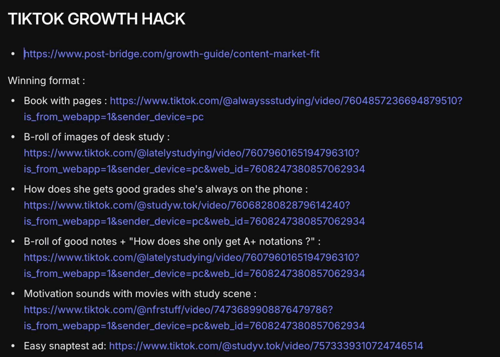 Linear board organizing viral content research by niche